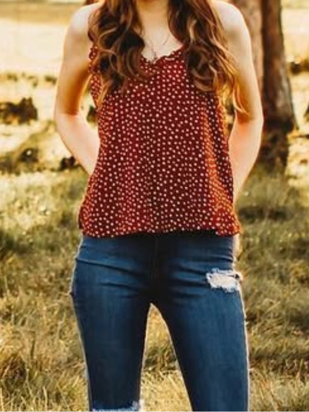 Women’s Rust Polka Dot Ruffle Cami Tank Top